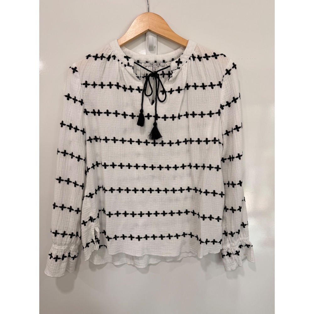 Nic+Zoe White Black Embroidered Tassel Peasant Blouse Top Medium